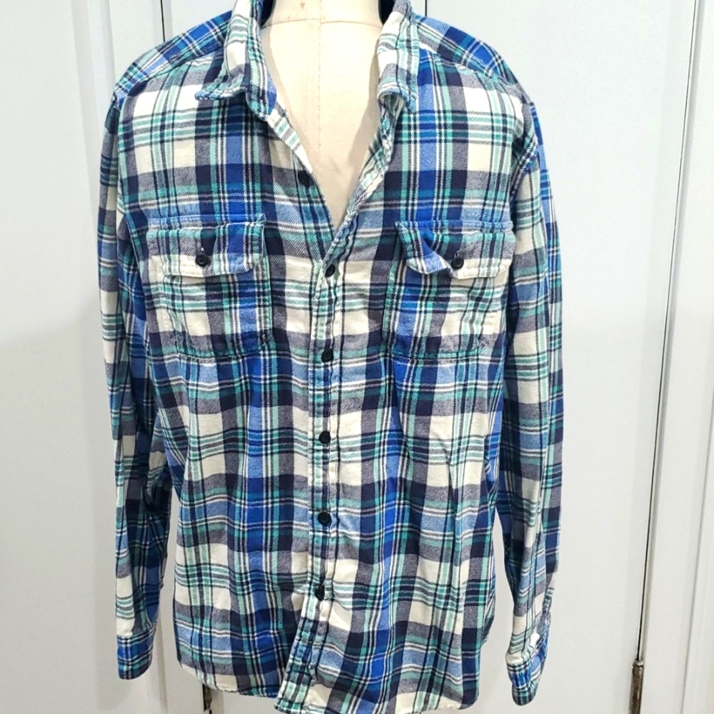 American Eagle Outfitters Men's Blue Flannel Plaid Long Sleeve Shirt Men XL